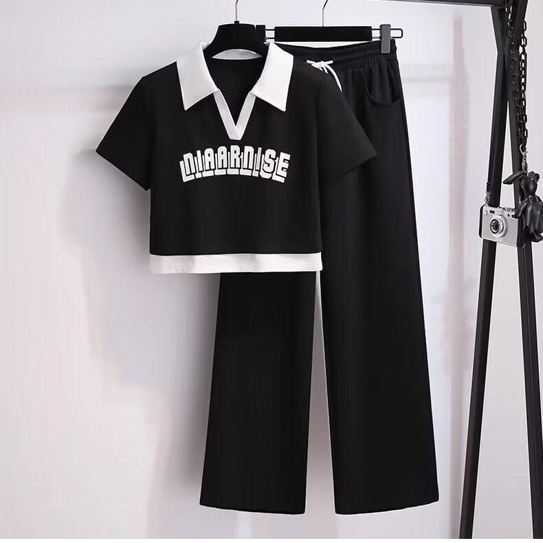 Leisure Sports Set for Women's Summer 2023 New Style Internet Celebrity Fashion Western Style Hoodie Wide Leg Pants Running Clothes Two Piece Set
