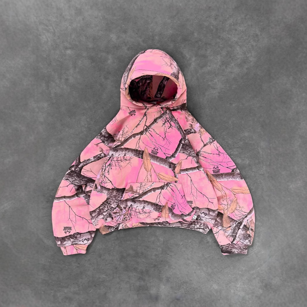 Cross border new trendy brand AKIMBO pink leaf camouflage print hooded sweatshirt for men and women retro casual street wear