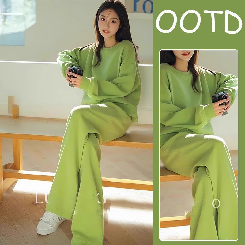 A set of high-end Korean style OOD outfit with a stylish and elegant early spring casual green hoodie set and pants A set of high-end Korean style OOD outfit with a stylish and elegant early spring casual green hoodie set and pants