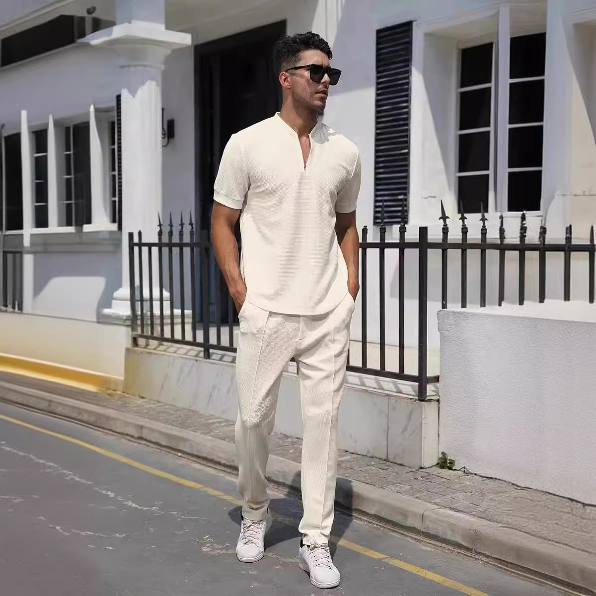 2024 Cross border European and American Men's Short sleeved Set Versatile Solid Color Polo Shirt Fashion Sports Men's Summer Simple Leisure