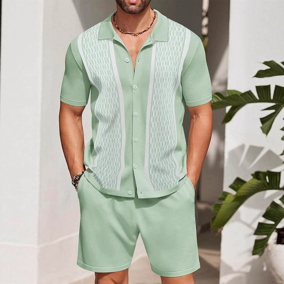 Cross border European and American independent station men's casual loose short sleeved shirt two-piece set