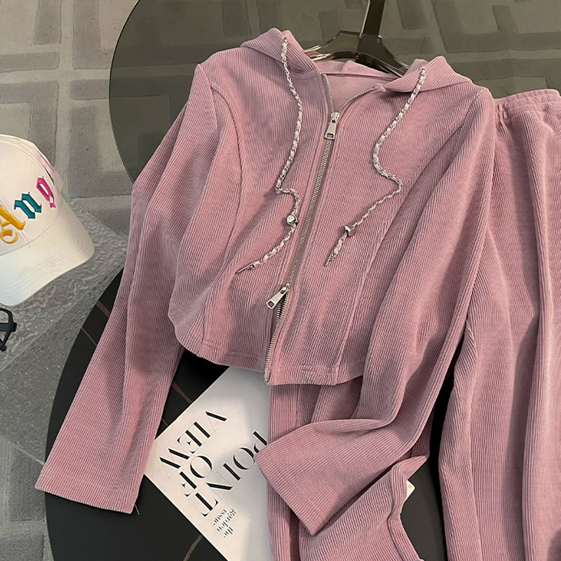 European casual pink sports suit for women's spring and autumn 2024 new style loose hanging slit wide leg pants two-piece set European casual pink sports suit for women's spring and autumn 2024 new style loose hanging slit wide leg pants two-piece set