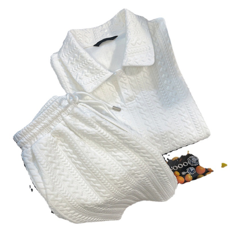 Design sense niche waffle suit polo shirt shorts women's summer loose Hong Kong style two-piece set short sleeved T-shirt top Design sense niche waffle suit polo shirt shorts women's summer loose Hong Kong style two-piece set short sleeved T-shirt top