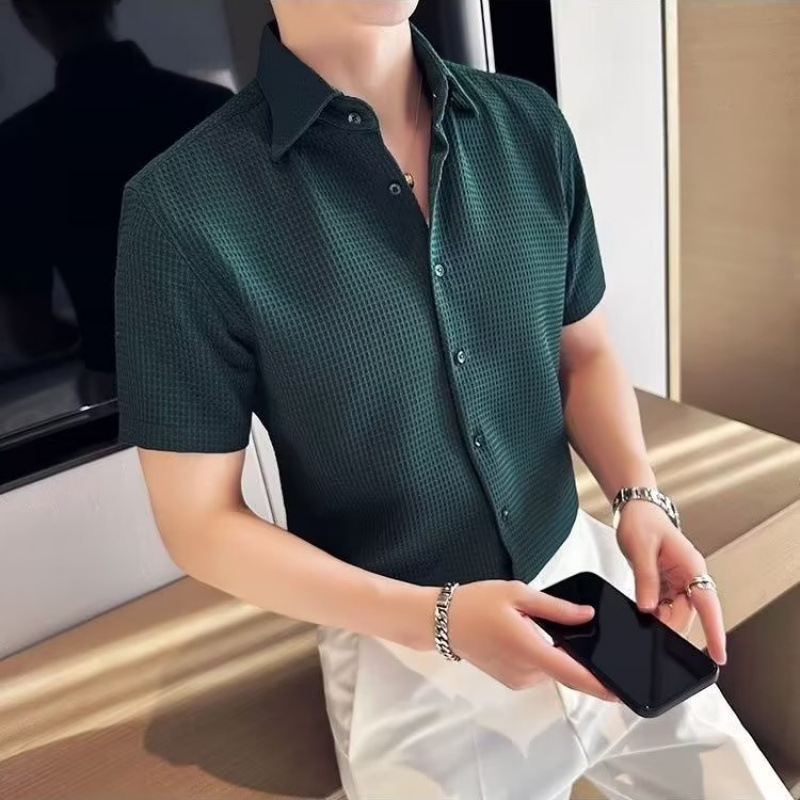 Waffle men's short sleeved shirt, high-end ice silk summer thin men's top, business half sleeved shirt