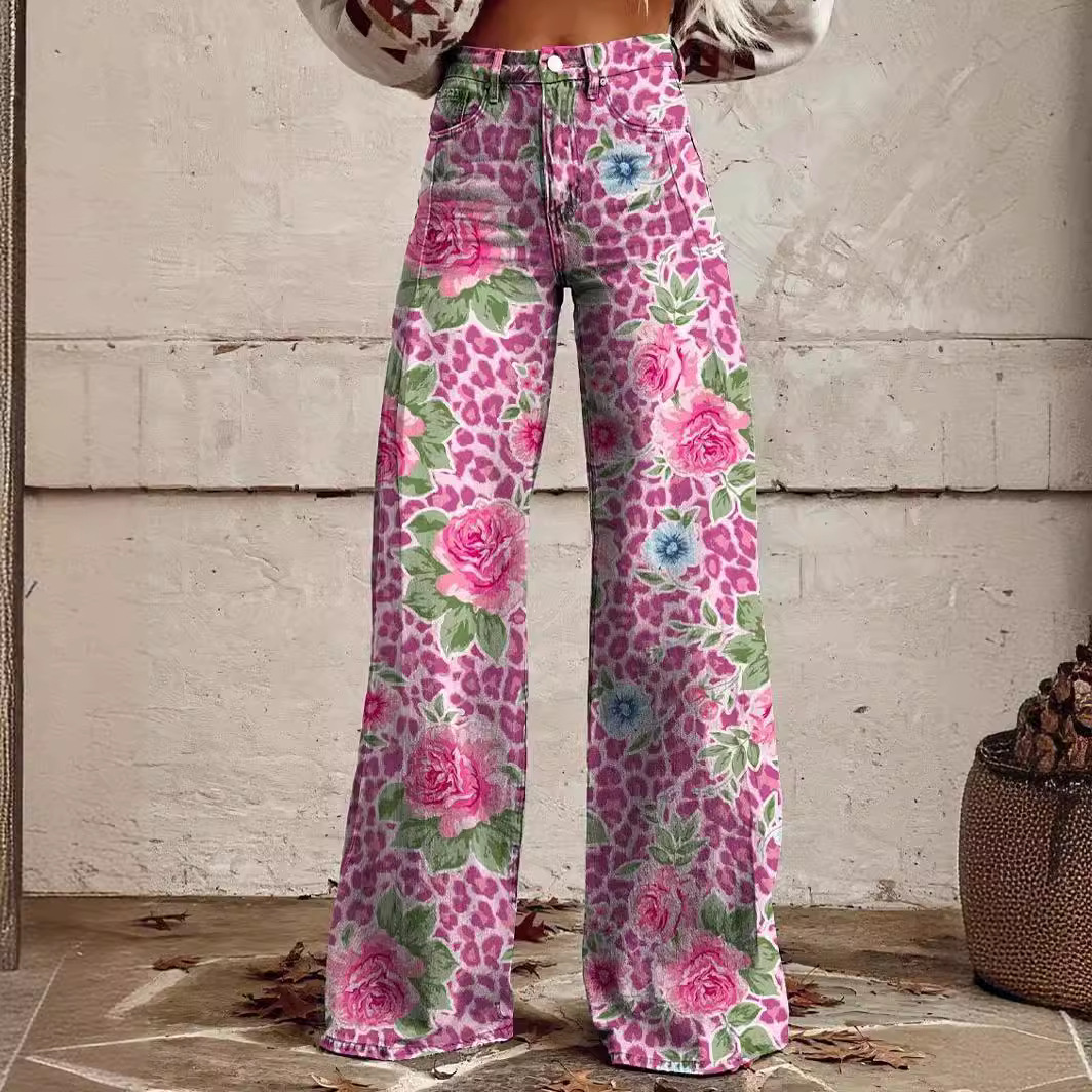 Cross border AliExpress eBay European and American foreign trade plus size women's fashion casual pants thin imitation jeans wide leg pants