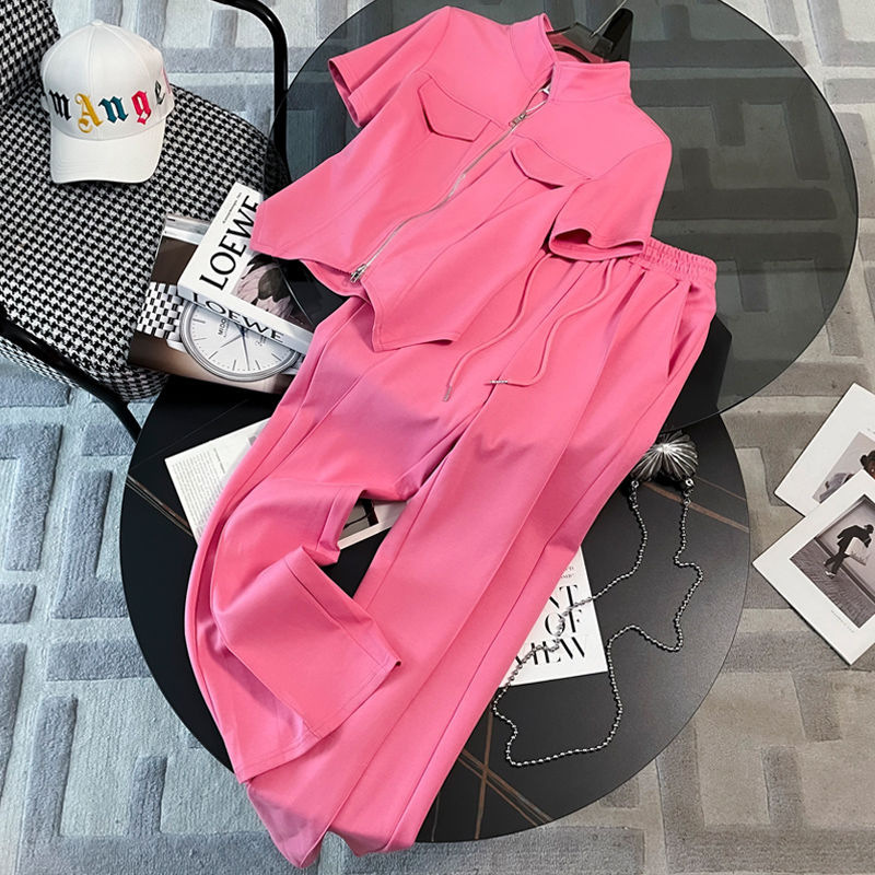 Xiaoxiangfeng Summer Fashion Western Style Fat MM Women's Clothing with Meat Covering Zipper Thin Short Sleeve Wide Leg Pants Casual Sports Set Xiaoxiangfeng Summer Fashion Western Style Fat MM Women's Clothing with Meat Covering Zipper Thin Short Sleeve Wide Leg Pants Casual Sports Set