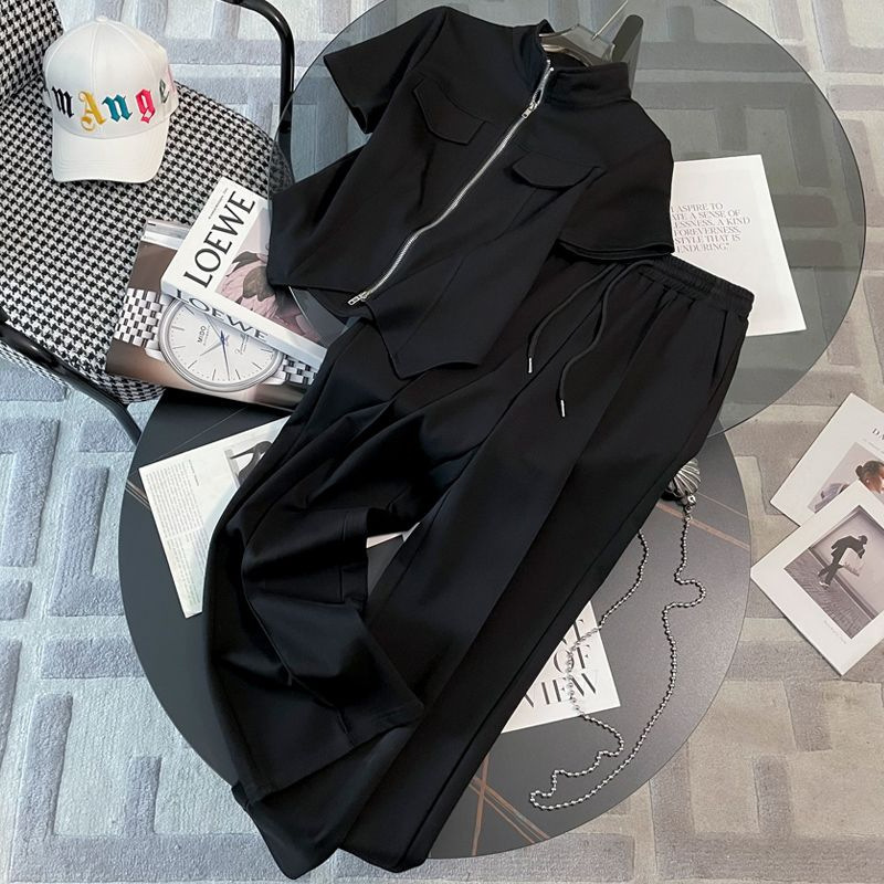Xiaoxiangfeng Summer Fashion Western Style Fat MM Women's Clothing with Meat Covering Zipper Thin Short Sleeve Wide Leg Pants Casual Sports Set Xiaoxiangfeng Summer Fashion Western Style Fat MM Women's Clothing with Meat Covering Zipper Thin Short Sleeve Wide Leg Pants Casual Sports Set