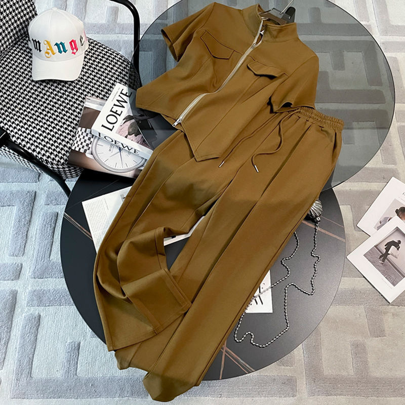 Xiaoxiangfeng Summer Fashion Western Style Fat MM Women's Clothing with Meat Covering Zipper Thin Short Sleeve Wide Leg Pants Casual Sports Set Xiaoxiangfeng Summer Fashion Western Style Fat MM Women's Clothing with Meat Covering Zipper Thin Short Sleeve Wide Leg Pants Casual Sports Set