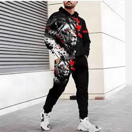 Cross border hot selling Spring and Autumn new 3D digital lion pattern European and American style popular fashion hoodie long sleeved pants set