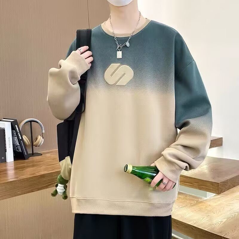 Spring and Autumn Round Neck Gradient Color Hoodie for Men 2025 Teen American Casual Loose Printed Bottom Shirt Long Sleeve Top