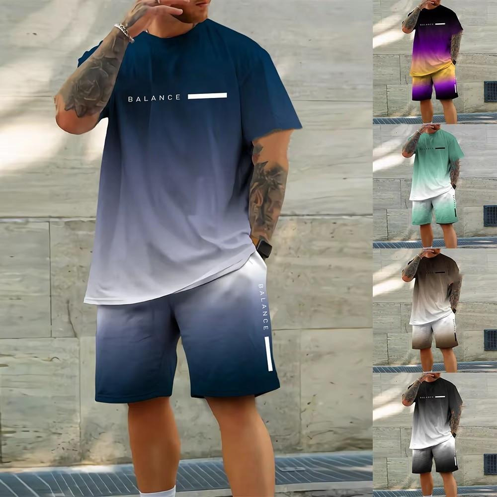 2025 new casual sports short sleeved T-shirt men's summer new gradient letter round neck T-shirt shorts set