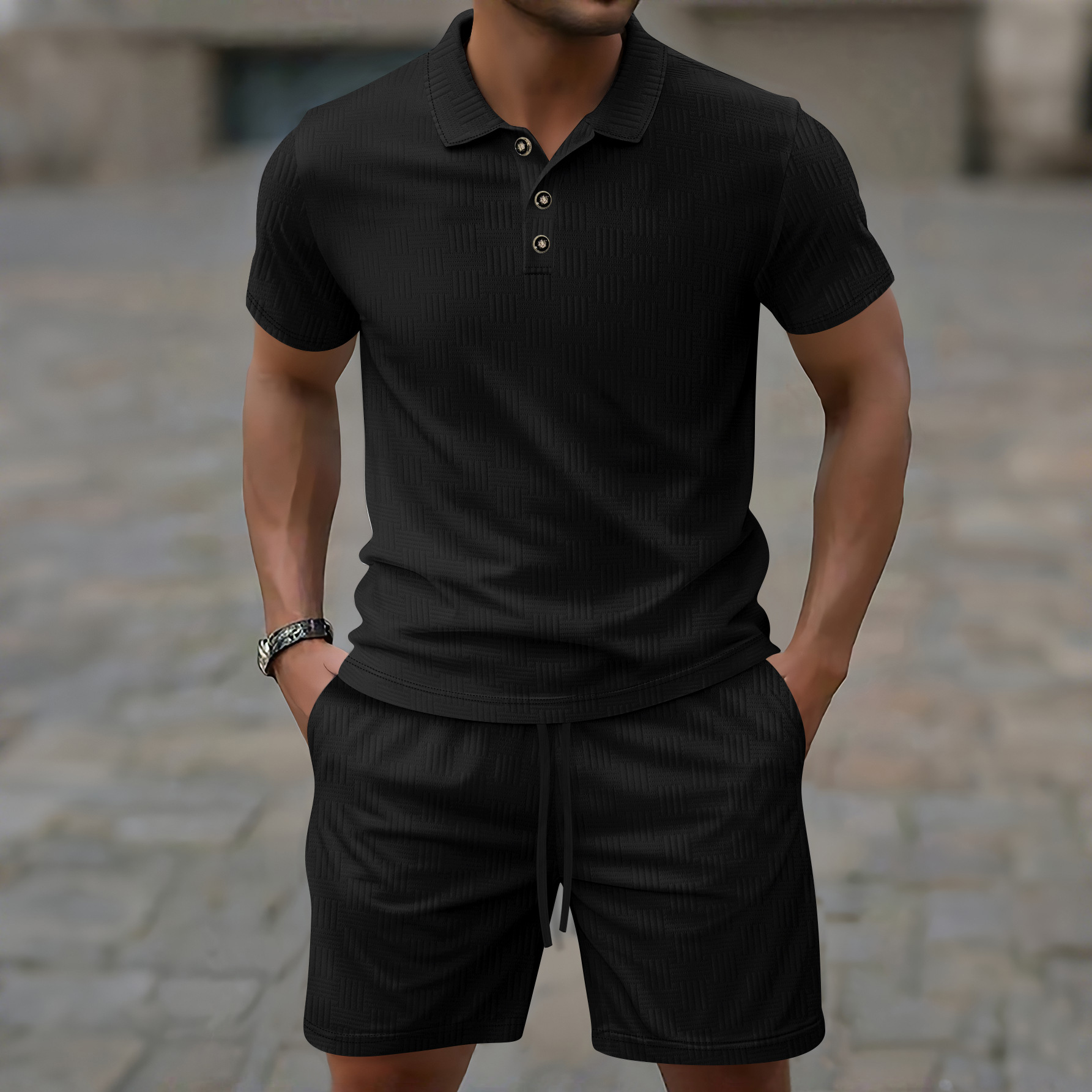 Cross border men's summer European and American new jacquard men's casual lapel polo shirt short sleeved shorts casual set