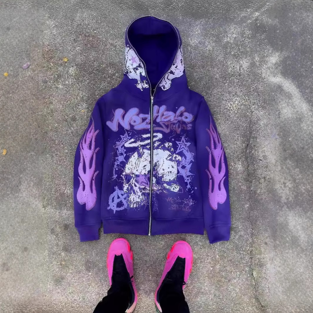 Cross border Y2K American Harajuku Street Dark Hip Hop High Street Letter Printed Zipper Hoodie Loose Hoodie Male