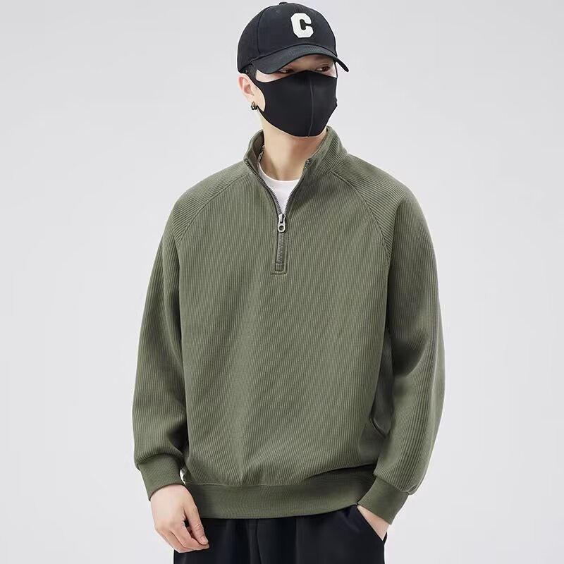 Half zip solid color hoodie for men, autumn and winter styles, new loose and trendy brand, high-end sense, stand up collar top, base shirt