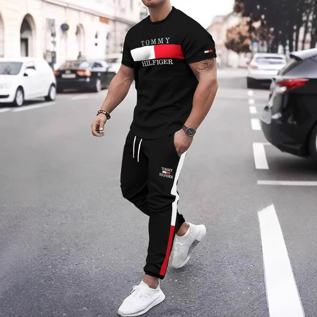 Cross border European and American foreign trade Amazon 2025 summer new casual color blocked short sleeved round neck T-shirt long pants set for men