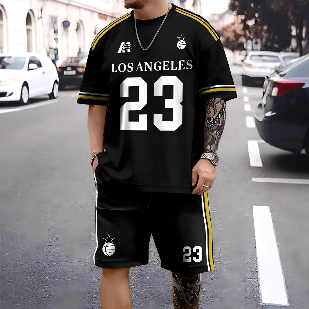 2025 Cross border Hot selling Set Fashion Short sleeved T-shirt Pants Loose Men's 3D Digital Printed Running Two piece Set