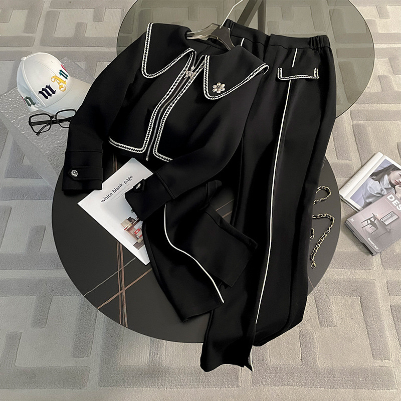 Advanced explosive street casual sports suit for women's autumn new style, stylish and slimming, doll neck hoodie, wide leg pants two-piece set