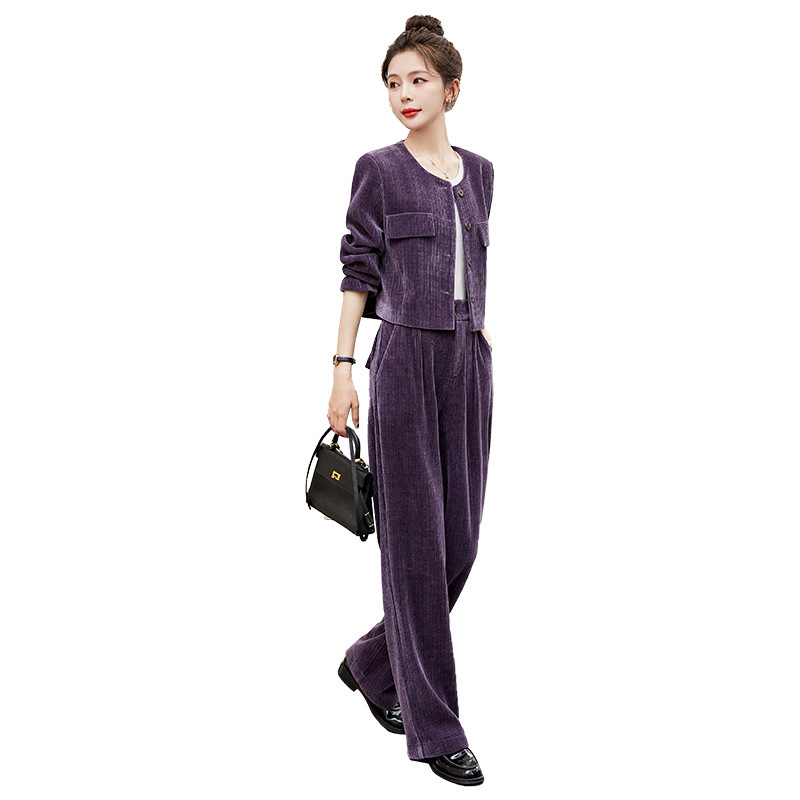 Xiaoxiangfeng professional suit for women in autumn 2024, new high-end fashion corduroy two-piece set, wide leg pants, stylish Xiaoxiangfeng professional suit for women in autumn 2024, new high-end fashion corduroy two-piece set, wide leg pants, stylish