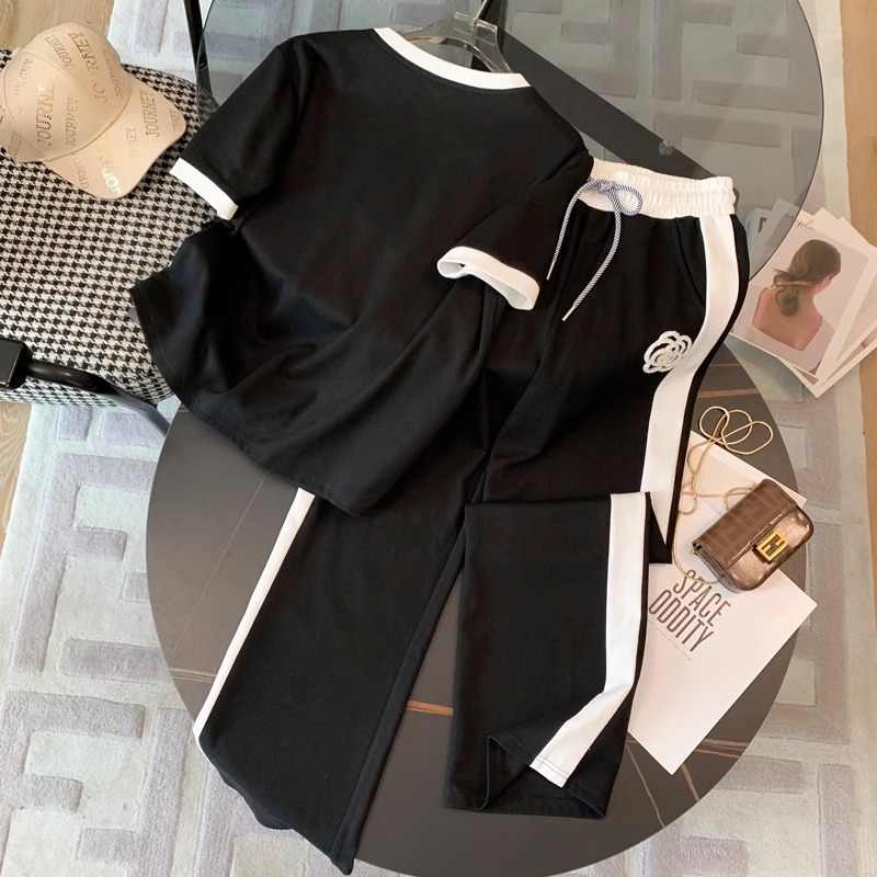 Advanced casual sports suit for women in summer, thin style, trendy and trendy street style, age reducing wide leg pants, fashionable two-piece set Advanced casual sports suit for women in summer, thin style, trendy and trendy street style, age reducing wide leg pants, fashionable two-piece set
