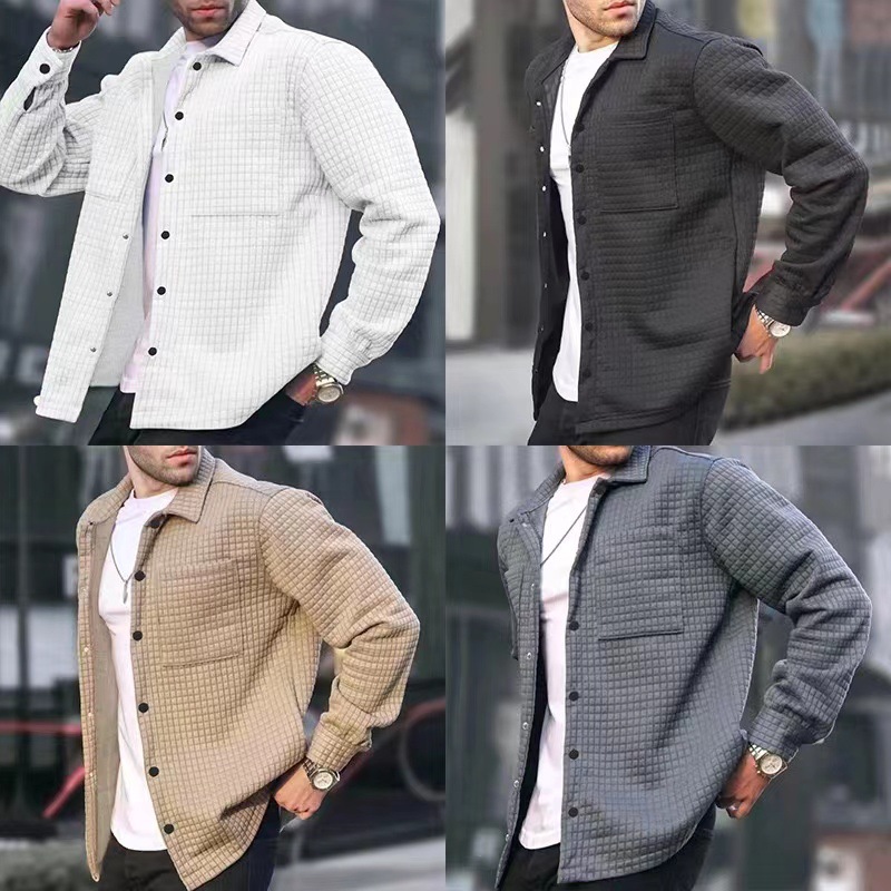 2025 AliExpress hot selling European and American men's fashion casual plus size men's cardigan small square long sleeved shirt jacket