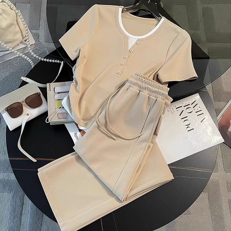 Original Crafted Casual Sports Set for Female Xia, Internet Celebrity, Age Reducing, Waist Reducing, Short Sleeve, Wide Leg Pants, Two Piece Set