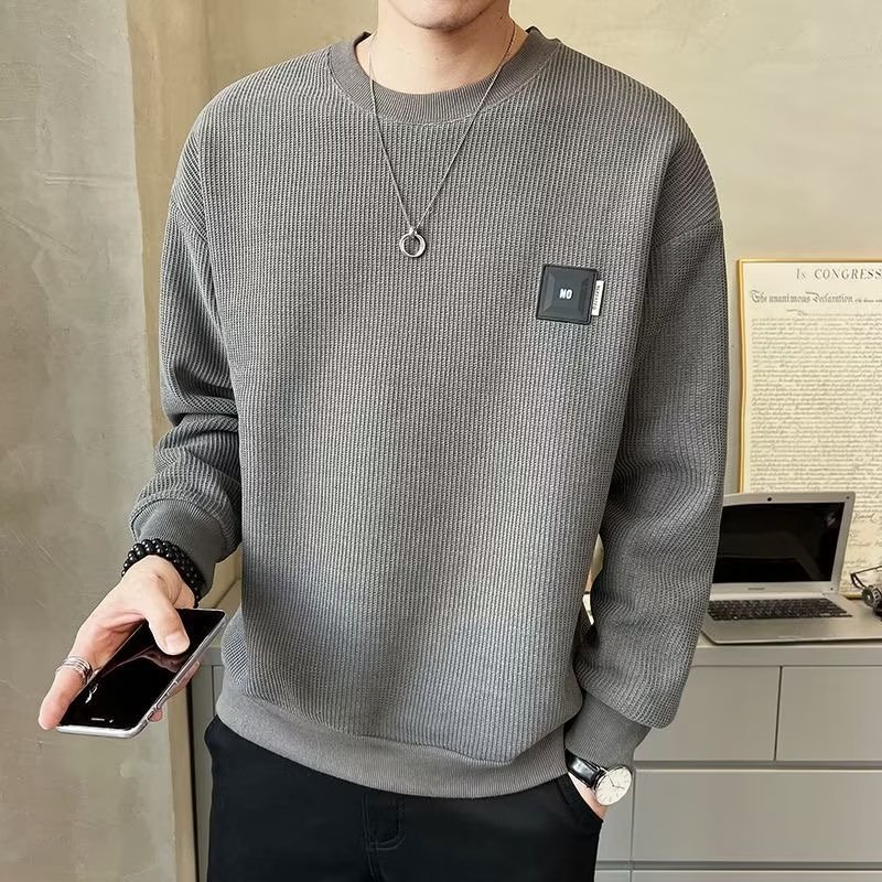 Waffle hoodie for boys in spring and autumn, trendy ins gray round neck autumn outfit, base T-shirt, trendy brand casual men's clothing