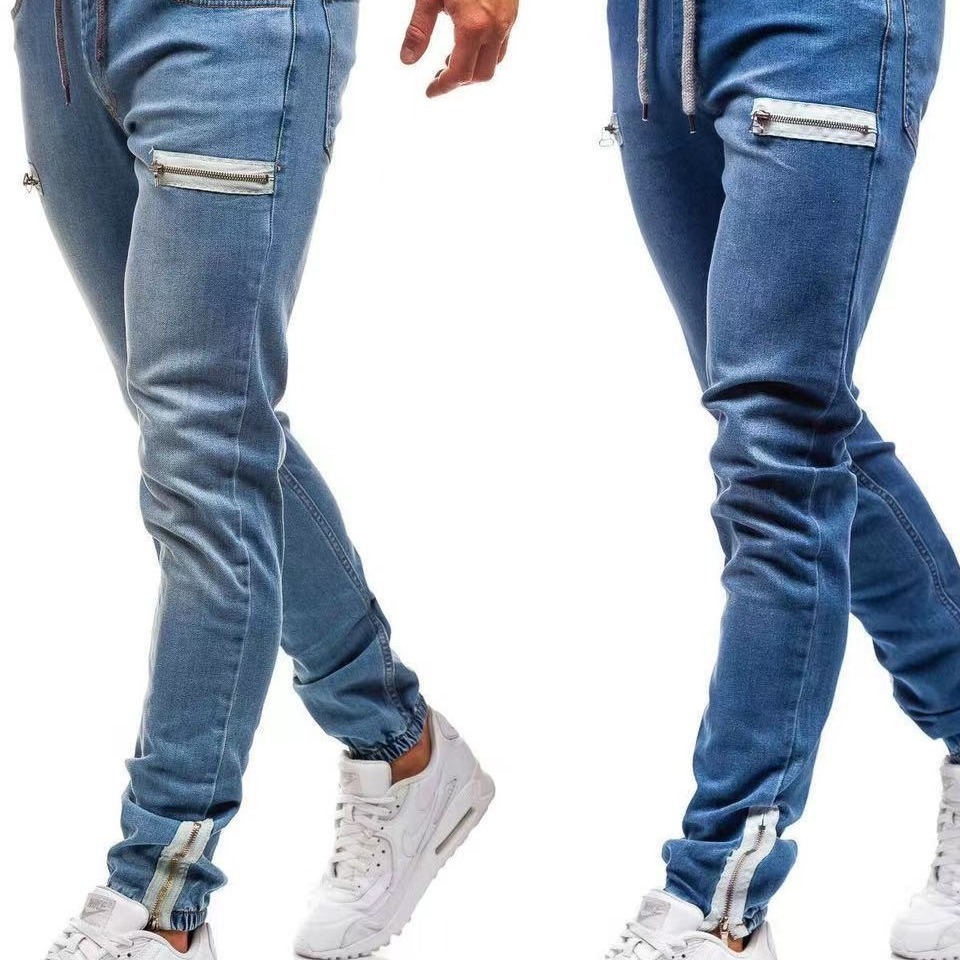 Cross border European and American foreign trade men's sports fashion casual jeans men's denim fabric casual frosted washing design