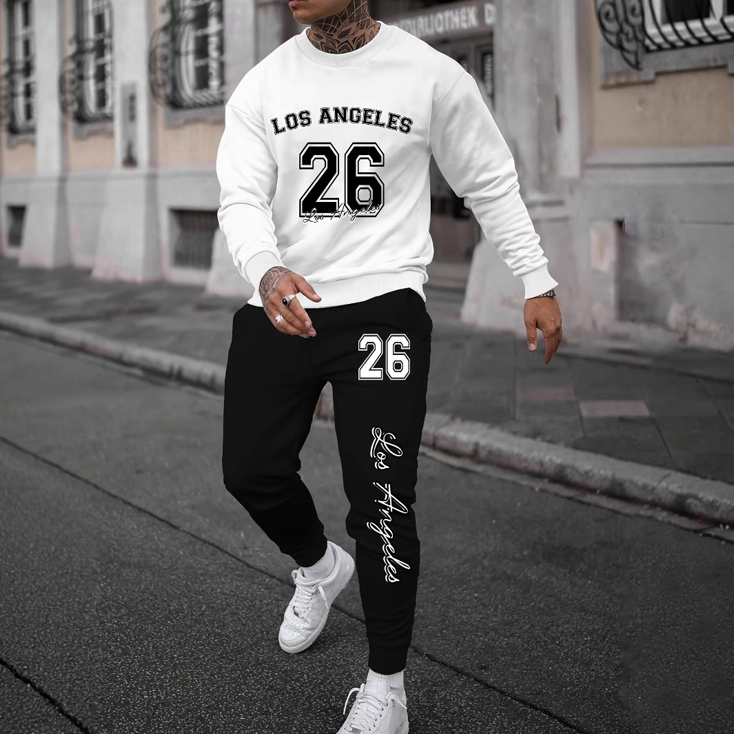 Cross border fashion 3D printed sports and leisure hoodie pants for men in autumn, round neck, simple letter printed Zhejiang style suit Cross border fashion 3D printed sports and leisure hoodie pants for men in autumn, round neck, simple letter printed Zhejiang style suit