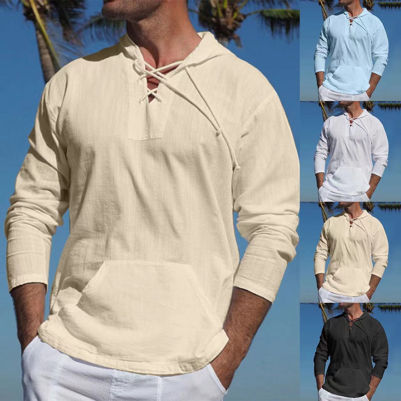 Cross border men's sports casual long sleeved shirt hooded linen cotton hoodie trendy versatile beach T-shirt set trendy cool
