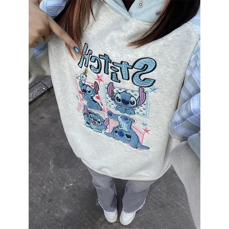 Pure cotton milk blue cute Stitch hooded sweatshirt for women in winter with plush and thick cartoon anti-aging top jacket