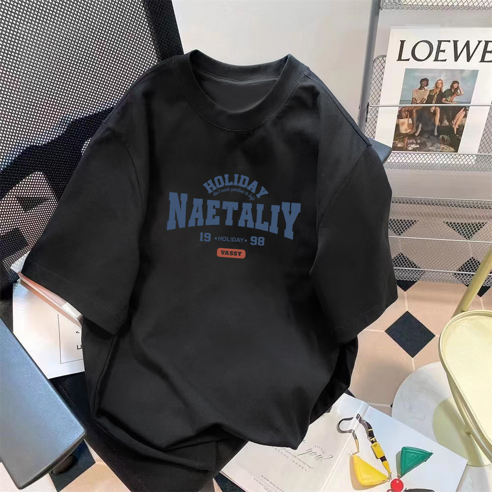 Manufacturer wholesale trend retro letter printed pattern top loose five quarter sleeve T-shirt simple versatile top Manufacturer wholesale trend retro letter printed pattern top loose five quarter sleeve T-shirt simple versatile top