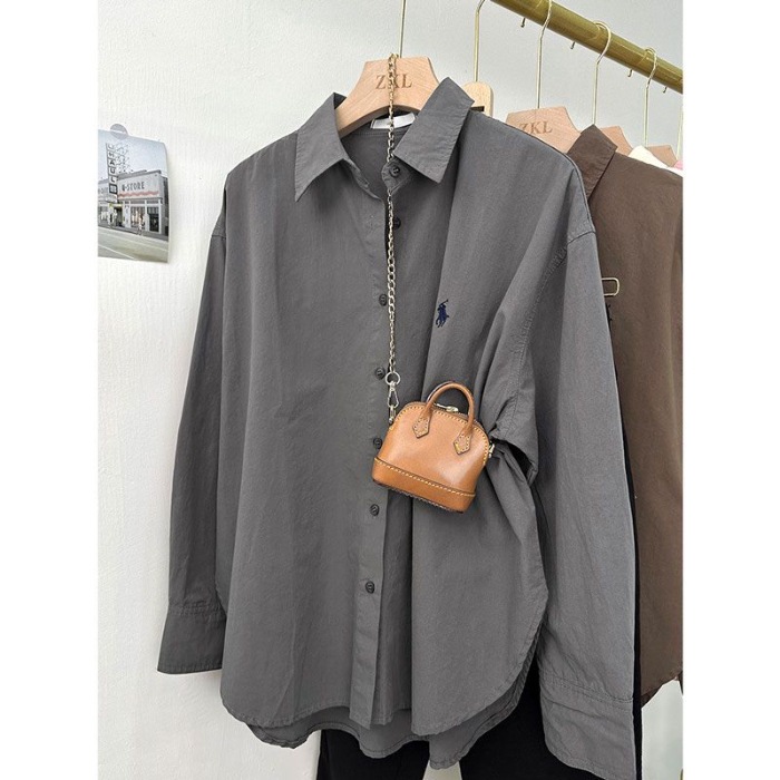 Pony embroidered shirt for women, loose Korean style, simple and high-end design, commuting shirt, fashionable and casual long sleeved top Pony embroidered shirt for women, loose Korean style, simple and high-end design, commuting shirt, fashionable and casual long sleeved top