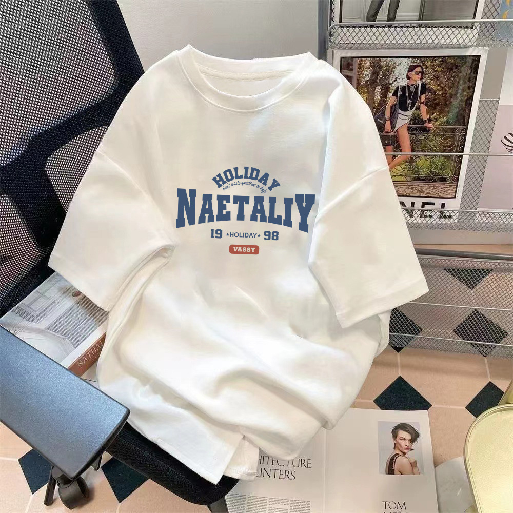 Manufacturer wholesale trend retro letter printed pattern top loose five quarter sleeve T-shirt simple versatile top Manufacturer wholesale trend retro letter printed pattern top loose five quarter sleeve T-shirt simple versatile top