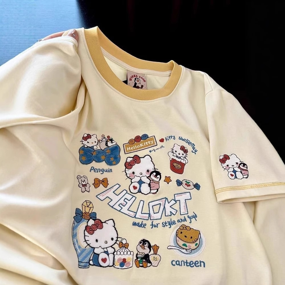 220g pure cotton dopamine outfit cute Hello Kitty cat embroidered short sleeved T-shirt for women loose fit