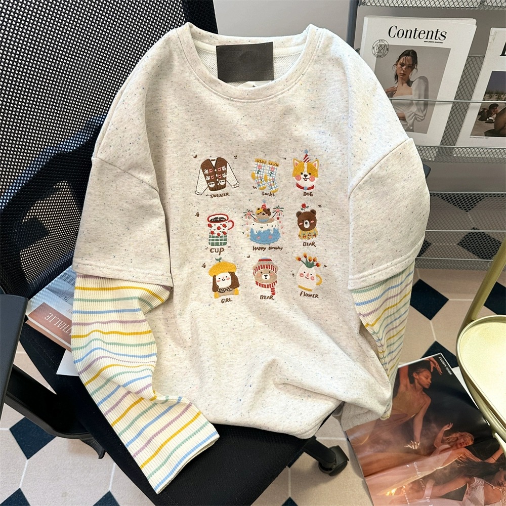 300 Embroidered Cartoon Hoodie Autumn Vacation Two Piece Splicing Striped Long Sleeve T-shirt