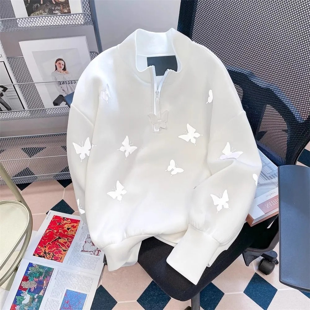 American retro plus butterfly design half zip polo hoodie for men and women, unique autumn couple long sleeved top
