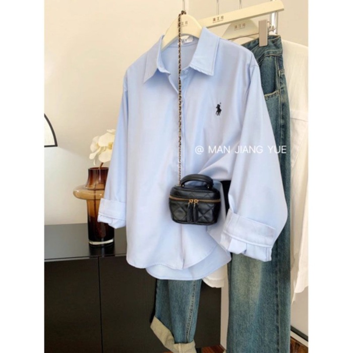 Pony embroidered shirt for women, loose Korean style, simple and high-end design, commuting shirt, fashionable and casual long sleeved top Pony embroidered shirt for women, loose Korean style, simple and high-end design, commuting shirt, fashionable and casual long sleeved top