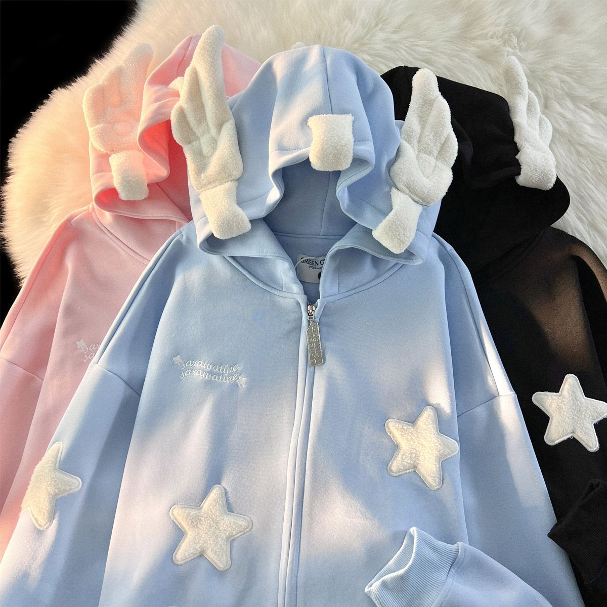 American retro star sticker hooded sweatshirt for men and women, thin and loose design, niche cardigan with plush jacket, trendy