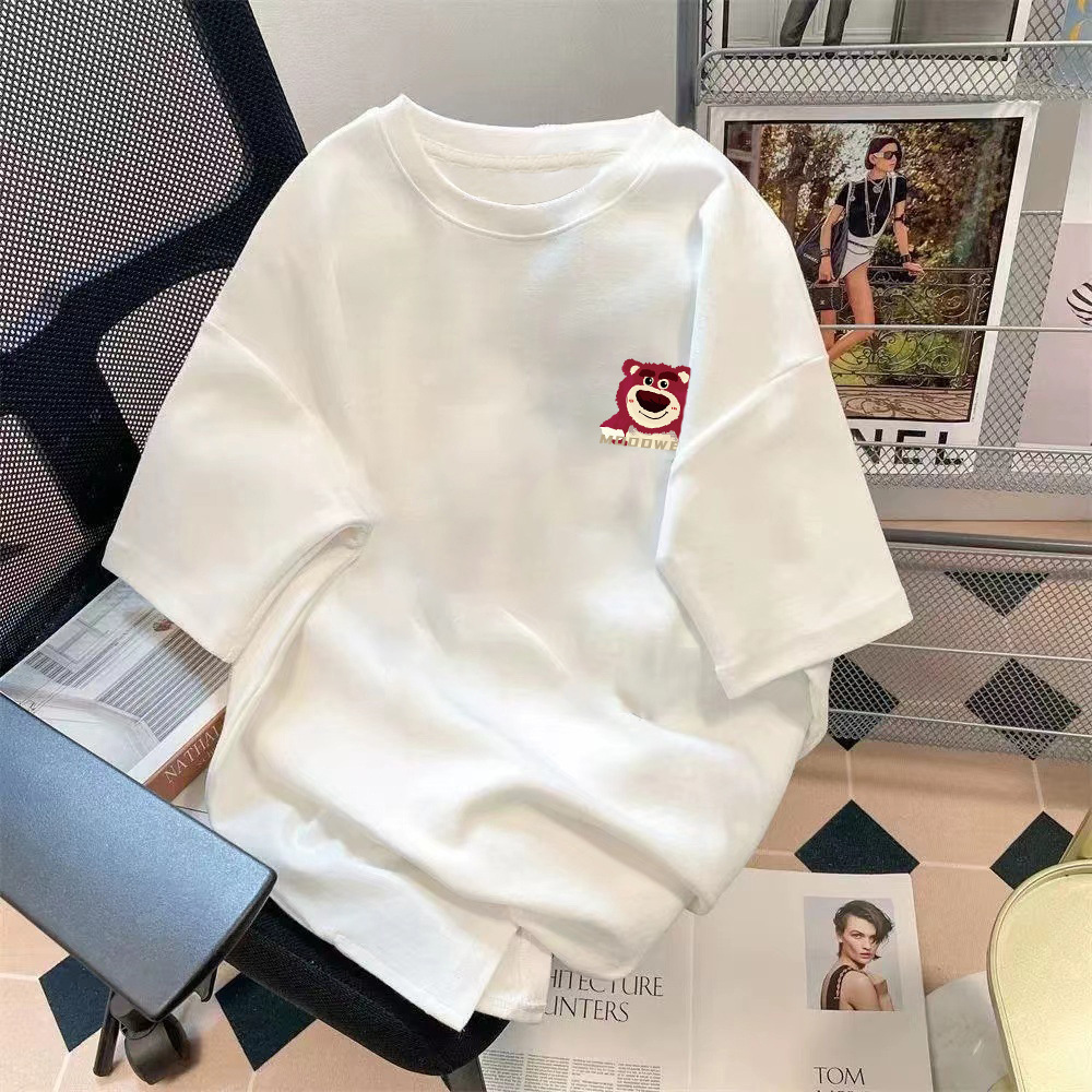 Manufacturer wholesale strawberry bear summer couple loose five quarter sleeve top with simple printing and versatile solid color T-shirt