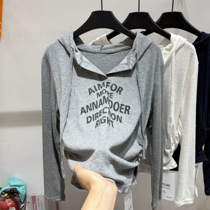 Autumn new fashion letter printed hooded long sleeved T-shirt for women, pleated top Autumn new fashion letter printed hooded long sleeved T-shirt for women, pleated top
