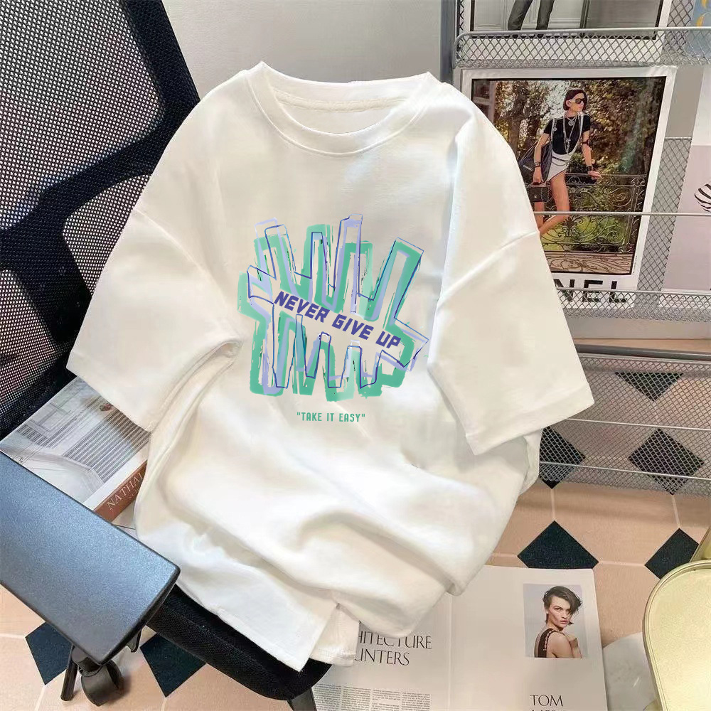 Manufacturer wholesale trend retro letter printed pattern top loose five quarter sleeve T-shirt simple versatile top Manufacturer wholesale trend retro letter printed pattern top loose five quarter sleeve T-shirt simple versatile top