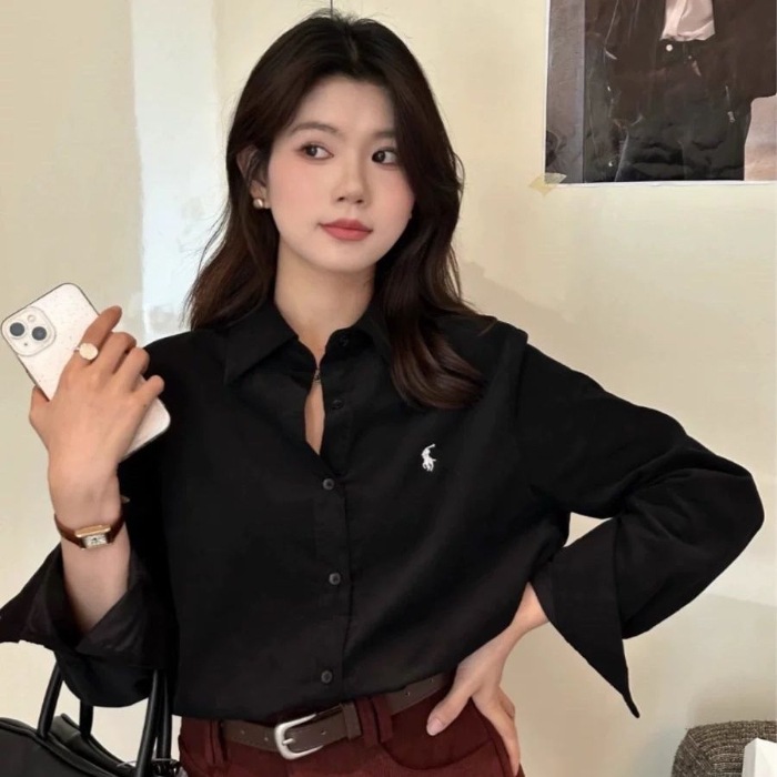 Pony embroidered shirt for women, loose Korean style, simple and high-end design, commuting shirt, fashionable and casual long sleeved top Pony embroidered shirt for women, loose Korean style, simple and high-end design, commuting shirt, fashionable and casual long sleeved top