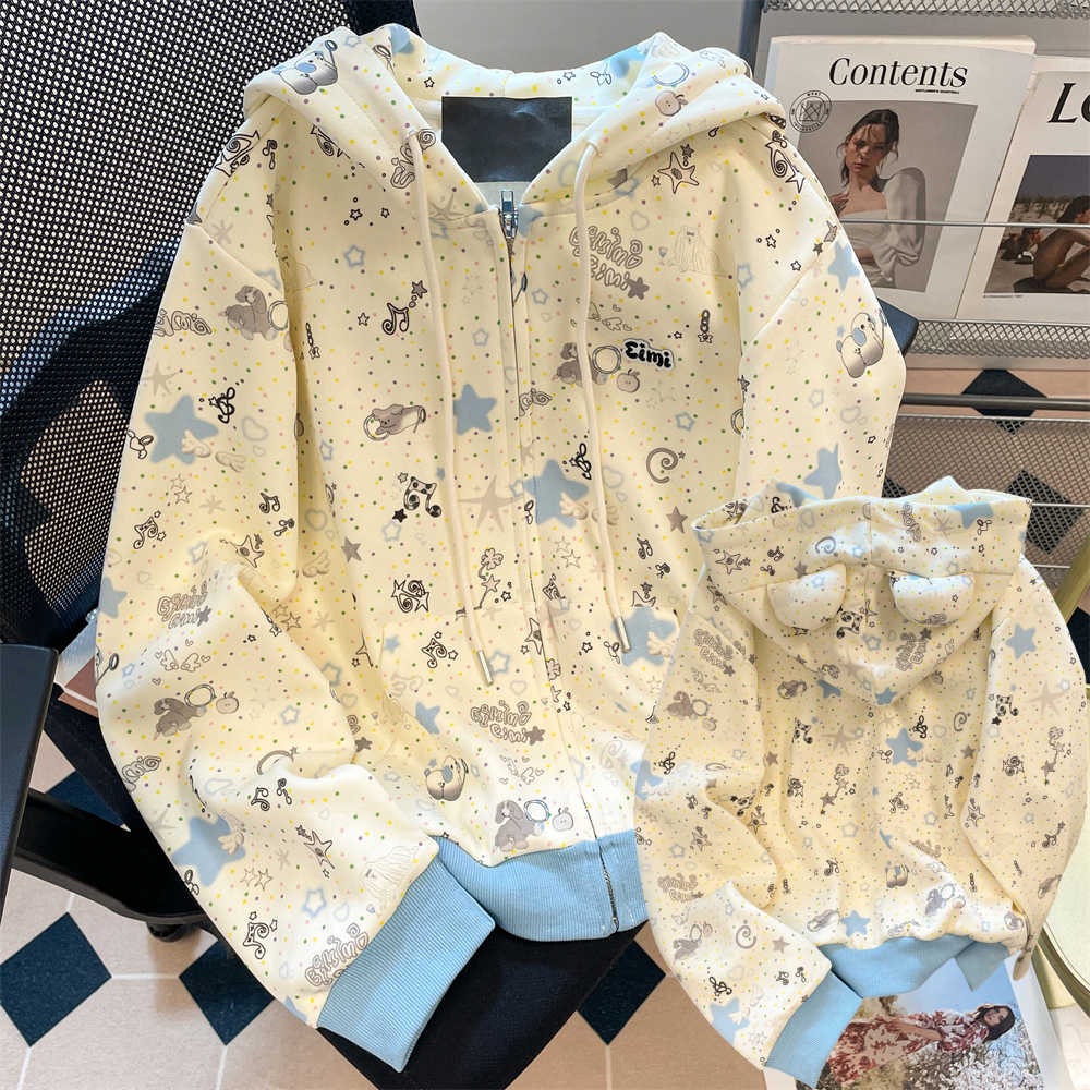 Japanese Sweet Bear Ears Cute Cartoon Hoodie Cardigan Female Junior High School Students Autumn and Winter Collection Plush Hooded Loose Coat