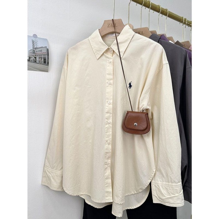 Pony embroidered shirt for women, loose Korean style, simple and high-end design, commuting shirt, fashionable and casual long sleeved top Pony embroidered shirt for women, loose Korean style, simple and high-end design, commuting shirt, fashionable and casual long sleeved top