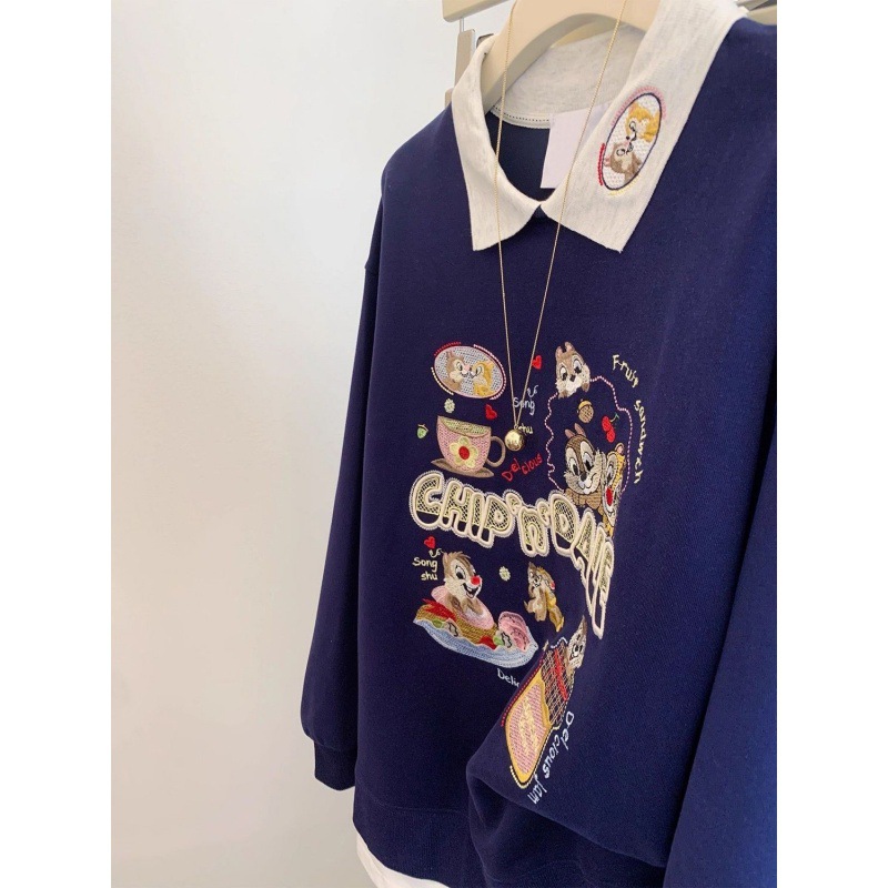 Navy blue embroidered polo collar hoodie for women, early autumn new item, fake, two unique super hot design, anti-aging top Navy blue embroidered polo collar hoodie for women, early autumn new item, fake, two unique super hot design, anti-aging top