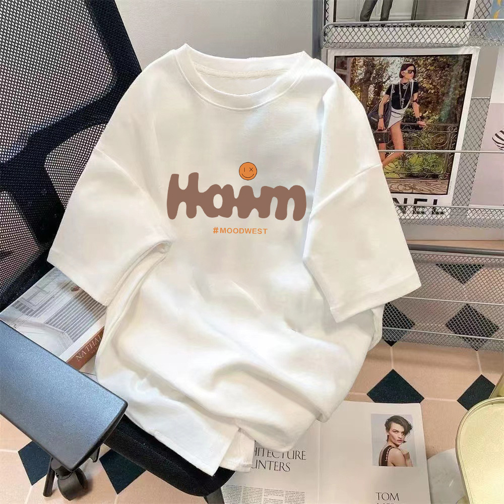 Manufacturer wholesale trend retro letter printed pattern top loose five quarter sleeve T-shirt simple versatile top Manufacturer wholesale trend retro letter printed pattern top loose five quarter sleeve T-shirt simple versatile top