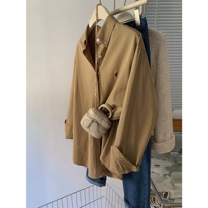 Pony embroidered shirt for women, loose Korean style, simple and high-end design, commuting shirt, fashionable and casual long sleeved top Pony embroidered shirt for women, loose Korean style, simple and high-end design, commuting shirt, fashionable and casual long sleeved top