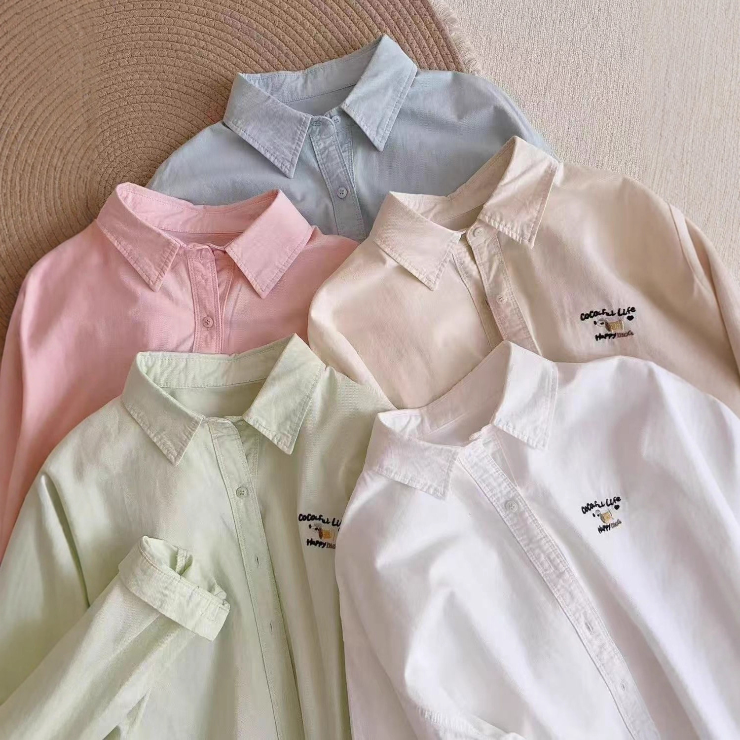 New versatile puppy embroidery pure cotton loose casual mid to long length long sleeved shirt for women's early autumn new shirt