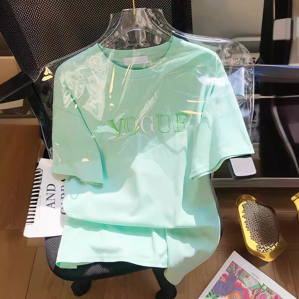 【 Official image~210g pure cotton combed tight back collar 】 Embroidered T-shirt for women 2024 summer new couple