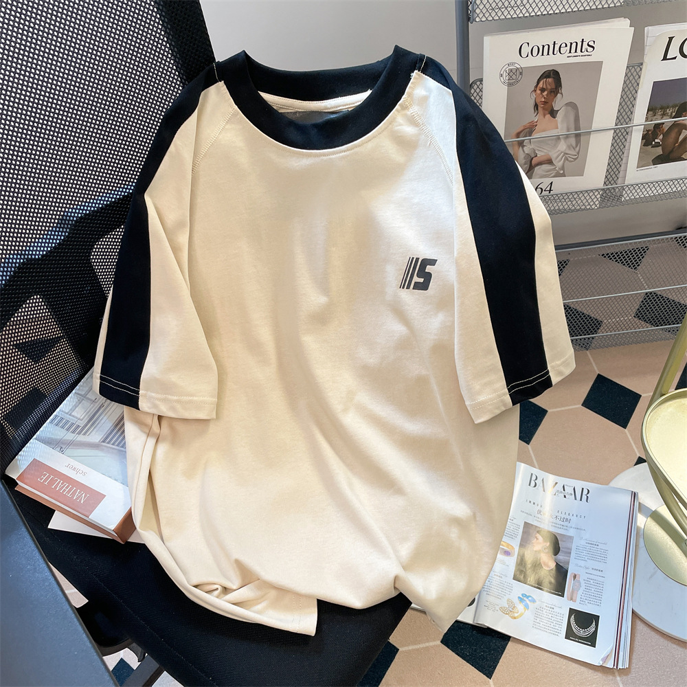 21 counts 210g combed cotton summer American style China-Chic color matching short sleeved t-shirt women loose lovers T-shirt top